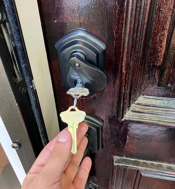 We installed this beautiful Baldwin deadbolt and handle set