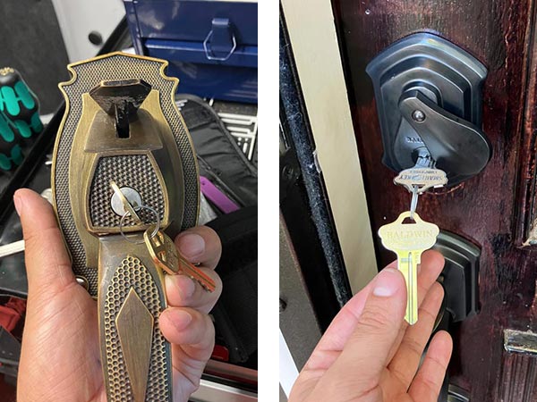 Residential door lock rekey (left) and new door hardware installation (right)